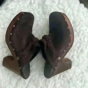 UGG Kaylee Brown Suede Leather Wooden Heel Studded Platform Heel Slip On Clogs